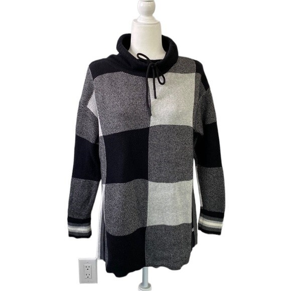 Talbots Drawstring Funnel Neck Pullover Sweater Top Checkered Long Sleeve Sz M - Picture 1 of 16